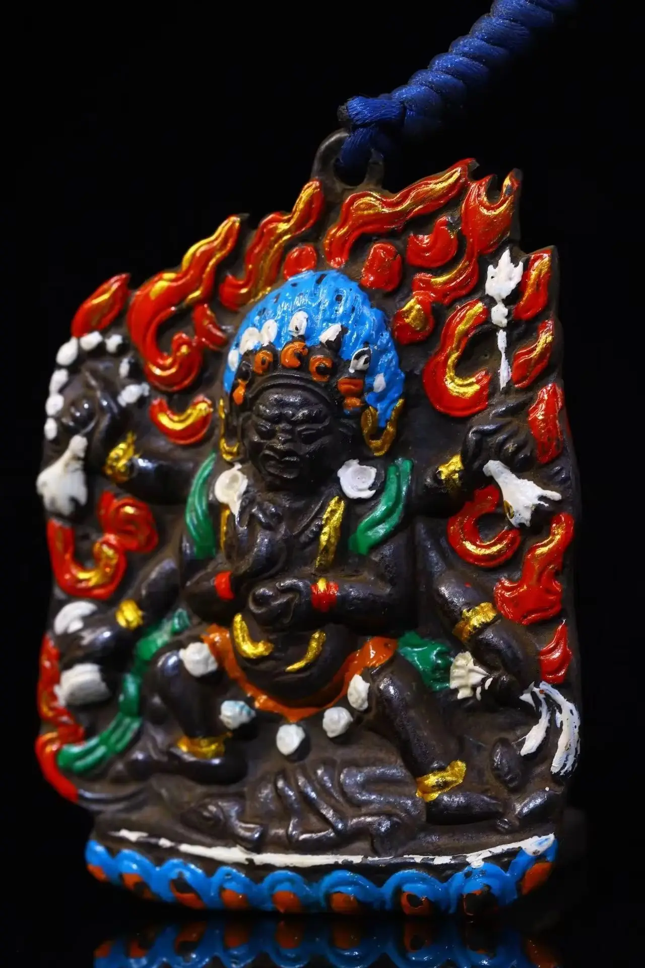 

4"Tibetan Temple Collection Old Bronze Cinnabar Painted Six armed Mahakala Buddha Card Amulet Pendant Town house Exorcism