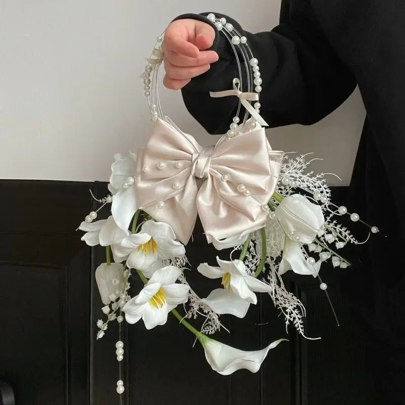 Waterfall bride dopamine color flower bouquet wedding dress shooting hand bouquet photo props hand flower