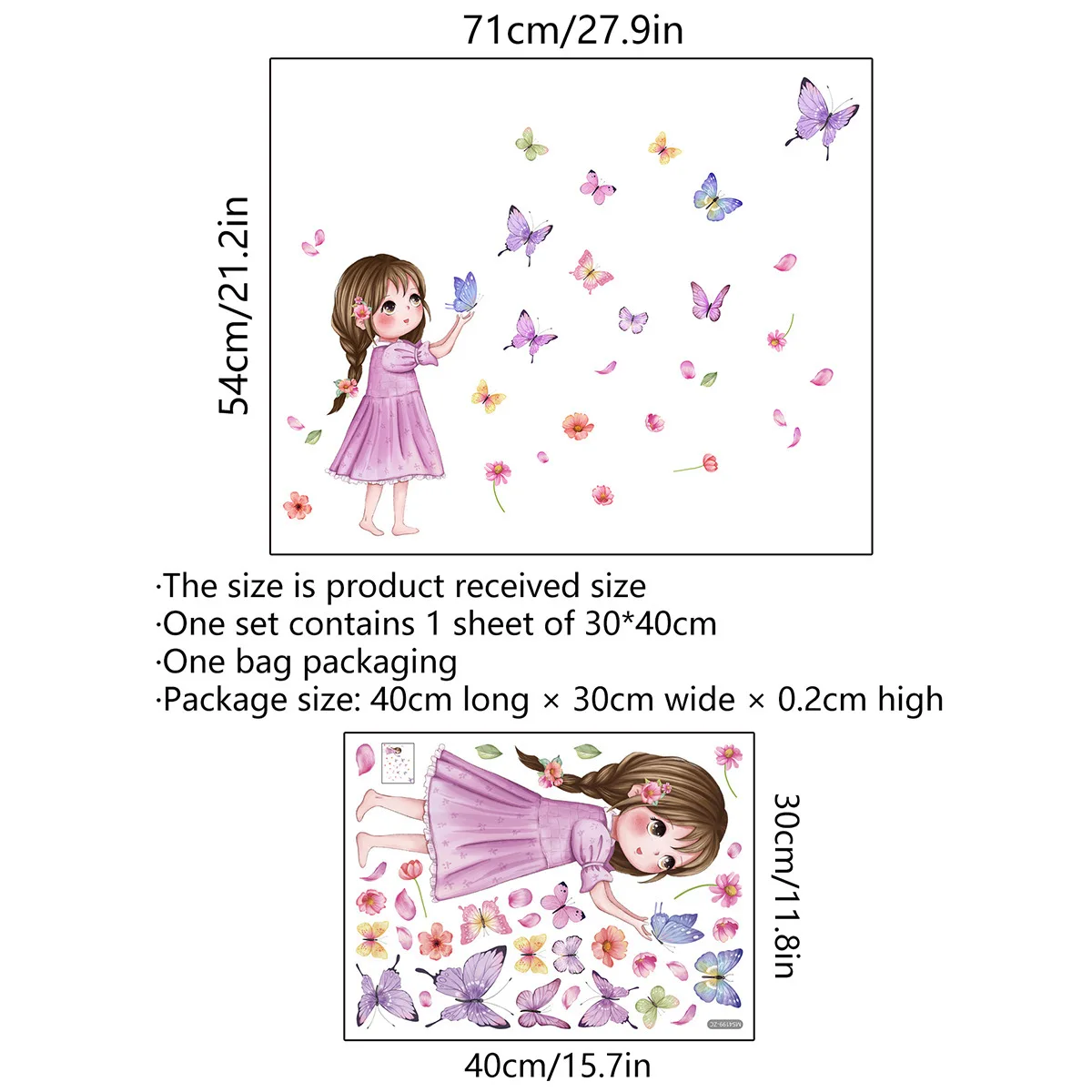 30*40cm Flower Little Girl Color Butterfly Cartoon Cute Wall Sticker Background Wall Living Room Decoration Mural Wall Sticker