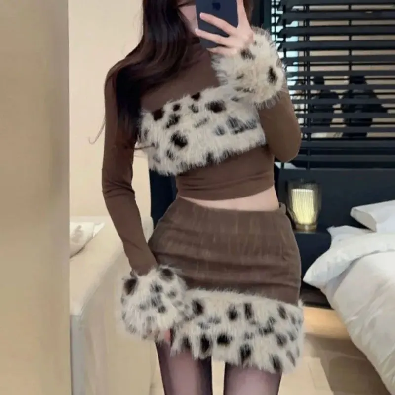 

Leopard Vintage Patchwork Matching Sets Female Clothing Turtleneck Autumn Winter Two Piece Set Hotsweet Bag Hip Waist Dress Sets