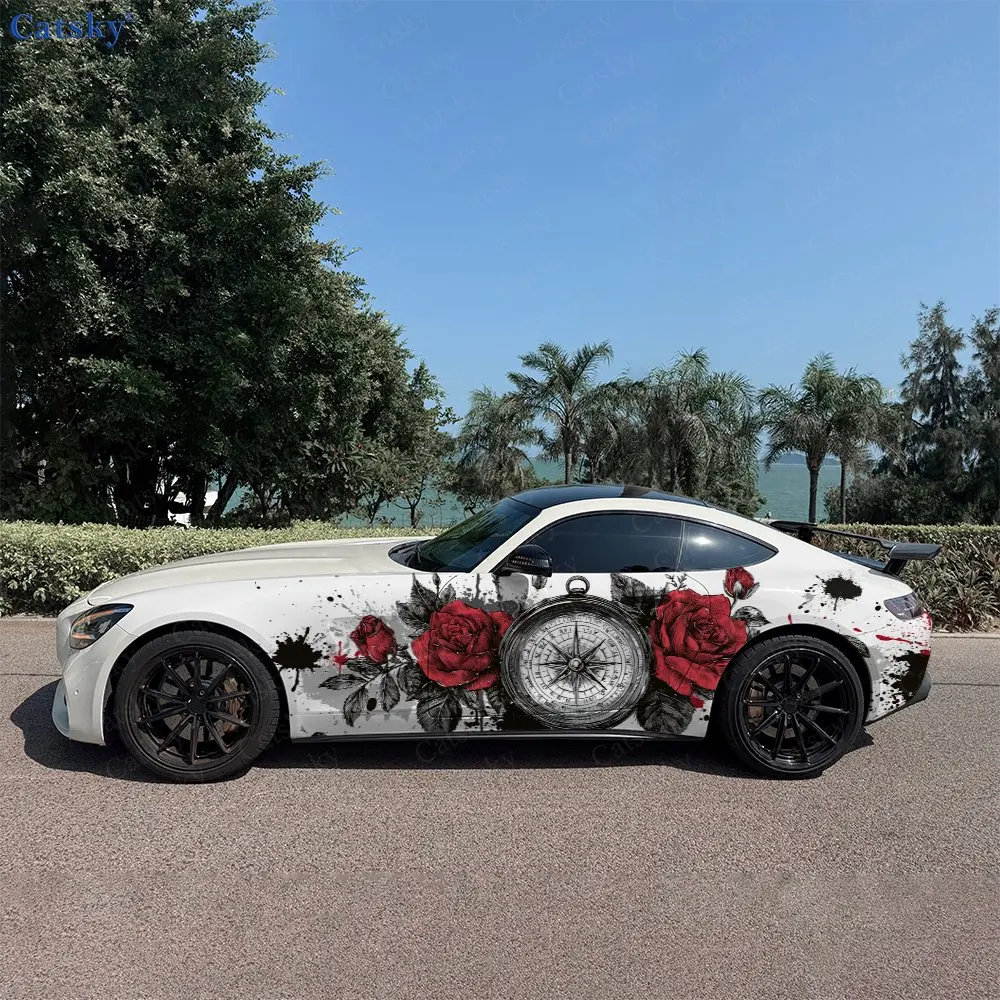 2pcs Red Rose and Compass Car Side Wraps, Self-Adhesive PVC Waterproof & Scratch-Resistant Stickers, Car Accessory Gift