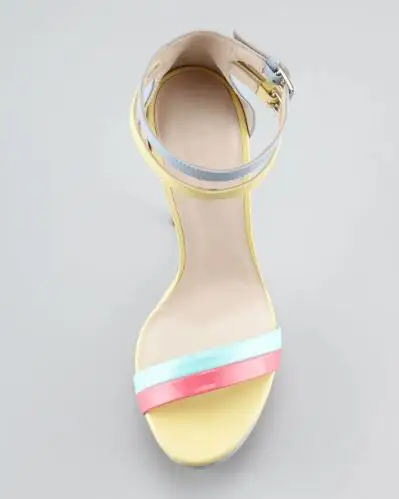 Yellow Blue Pink Mixed Color Leather Open Toe Platform Cover Heel Summer Sandals Women Stiletto Heel Ankle Buckle Party Shoes image 3
