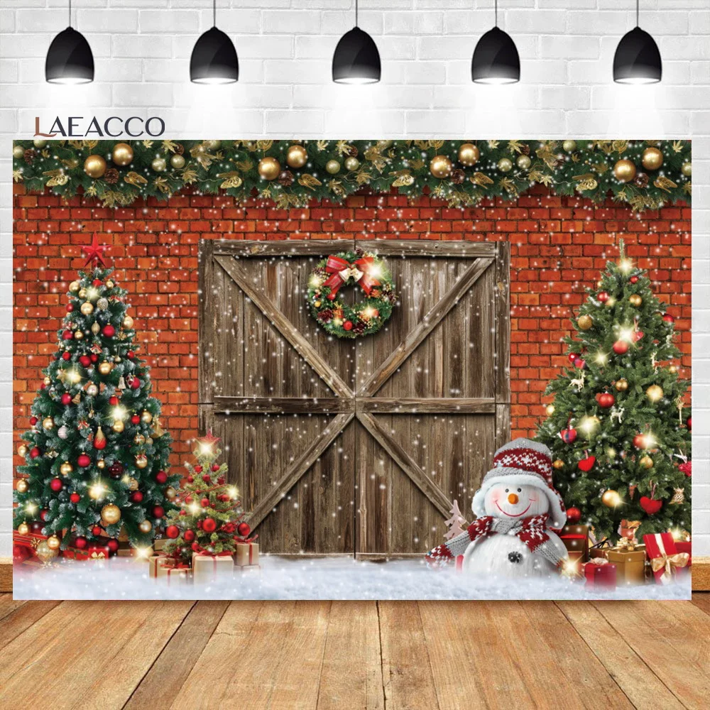 

Laeacco Christmas Backdrop Dreamy Bokeh Red Brick Wall Xams Tree Wooden Door Snowman Kids Child Portrait Photography Background