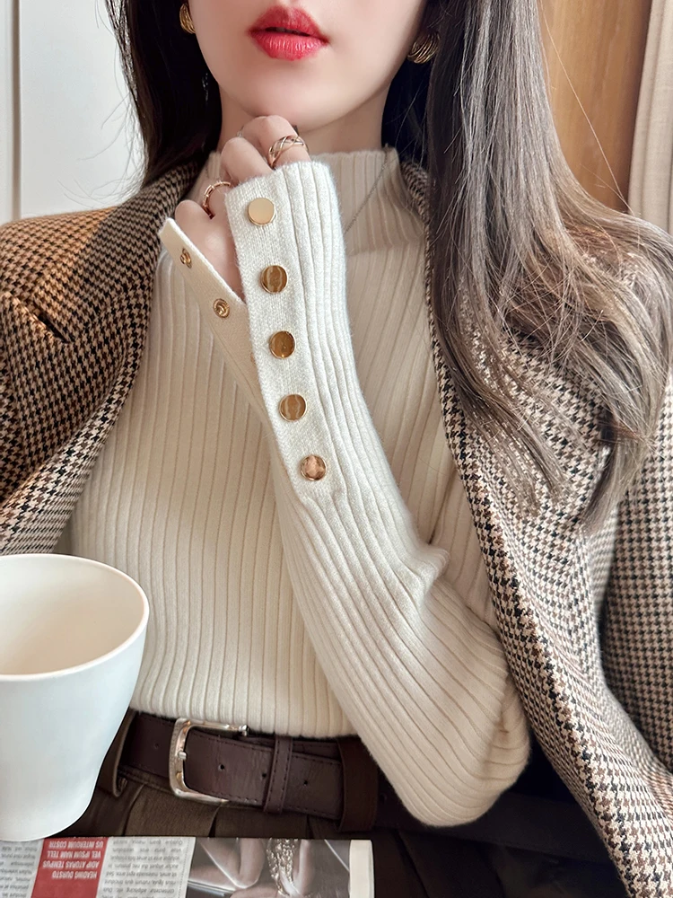 

women thick sweater pullovers thic casual autumn winter button o-neck chic sweater female slim knit top soft jumper tops