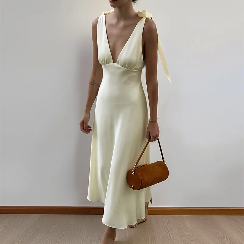 

2026 Summer New Women Fashion Dress Elegant V Neck Belted Solid Color Block Patchwork Dress Female Vacation Chic Trendy Stylish