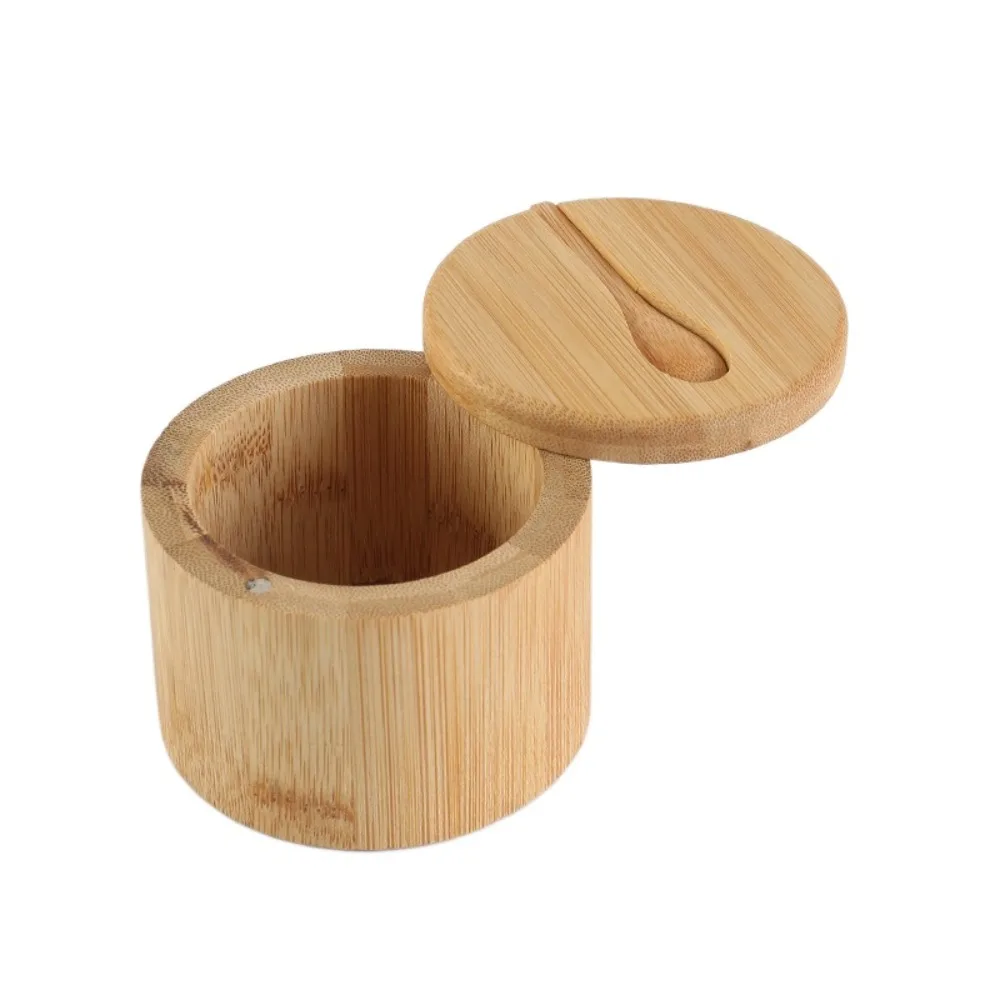 

Durable Round Bamboo Condiment Box Multi-purpose with Swivel Lid Pepper Jar Spoon Reusable Salt Seasoning Jars