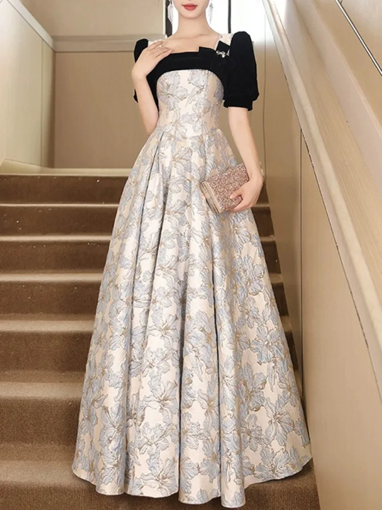 Customized Square Collar Long Sleeve Patchwork Wedding Party Vestidos Slim Waist Pleated Elegant Evening Dress Flower Printed Pr