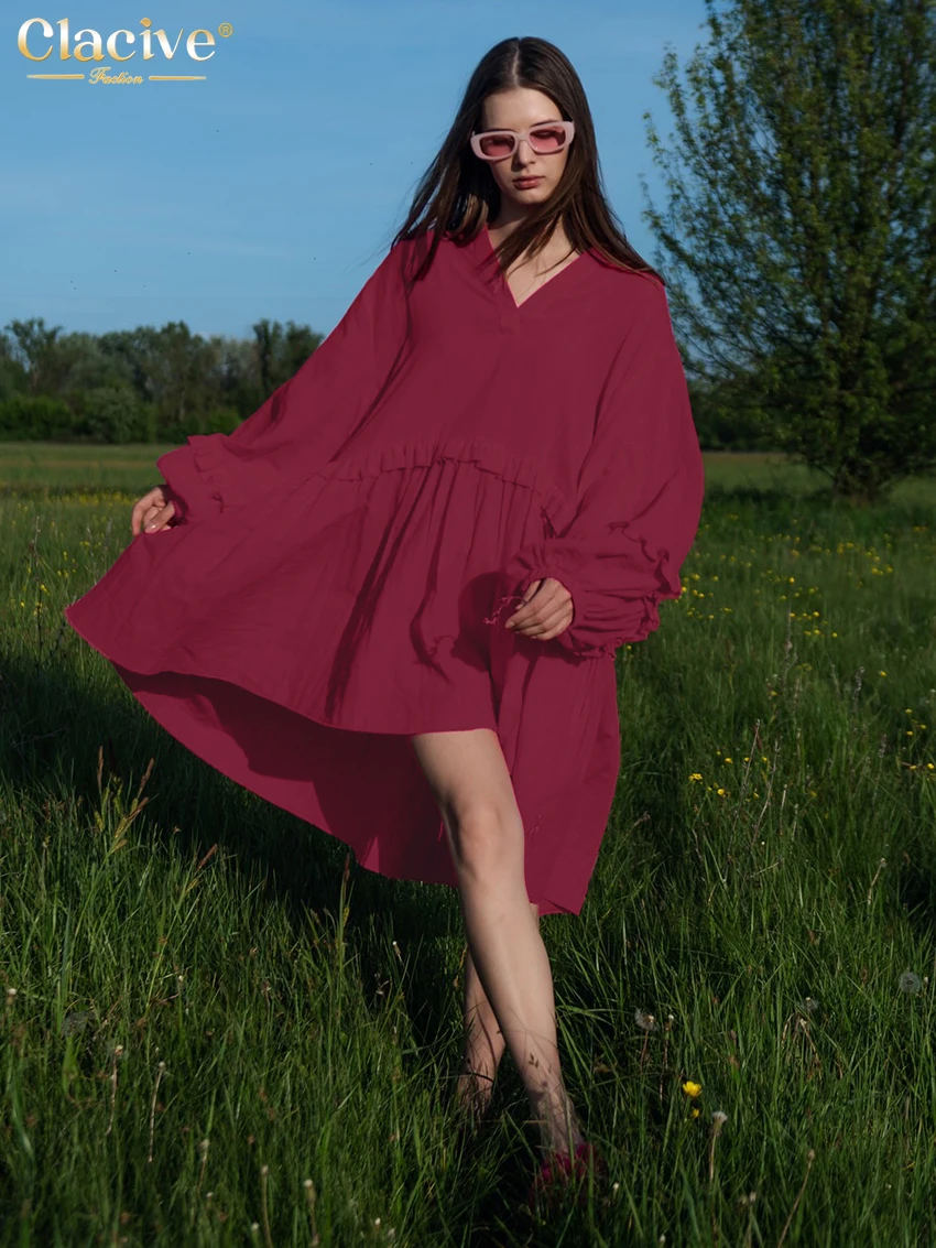 

Clacive Fashion Loose Pink Women's Dress 2025 Casual V-Neck Long Sleeve Midi Dresses Lady Elegant Classic Solid Female Dress