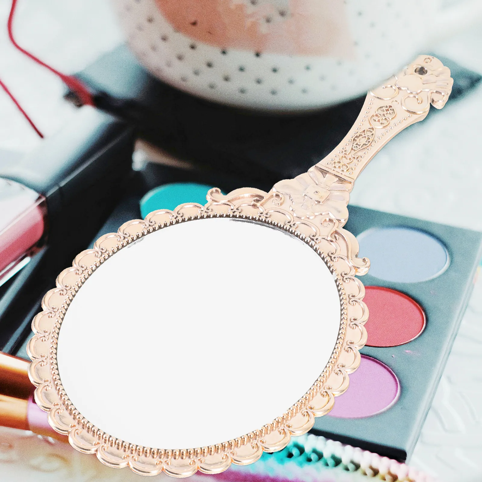 2pcs Women's Handheld Makeup Mirror with Vintage Carved Design, Distortion-Free HD Reflection