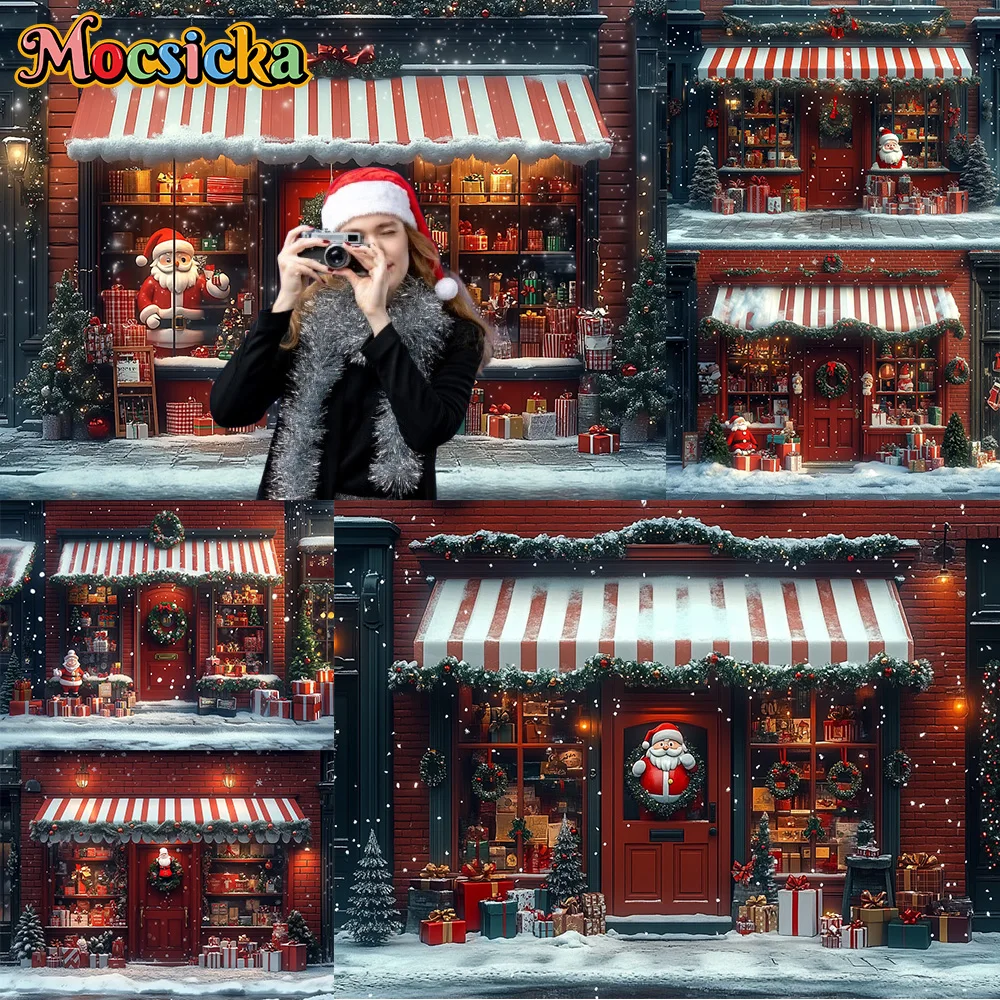 Mocsicka Fotografie Hintergrund Santa Spielzeug Shop Kranz Dekoration Familie Weihnachten Urlaub Porträt Hintergründe Für Fotos