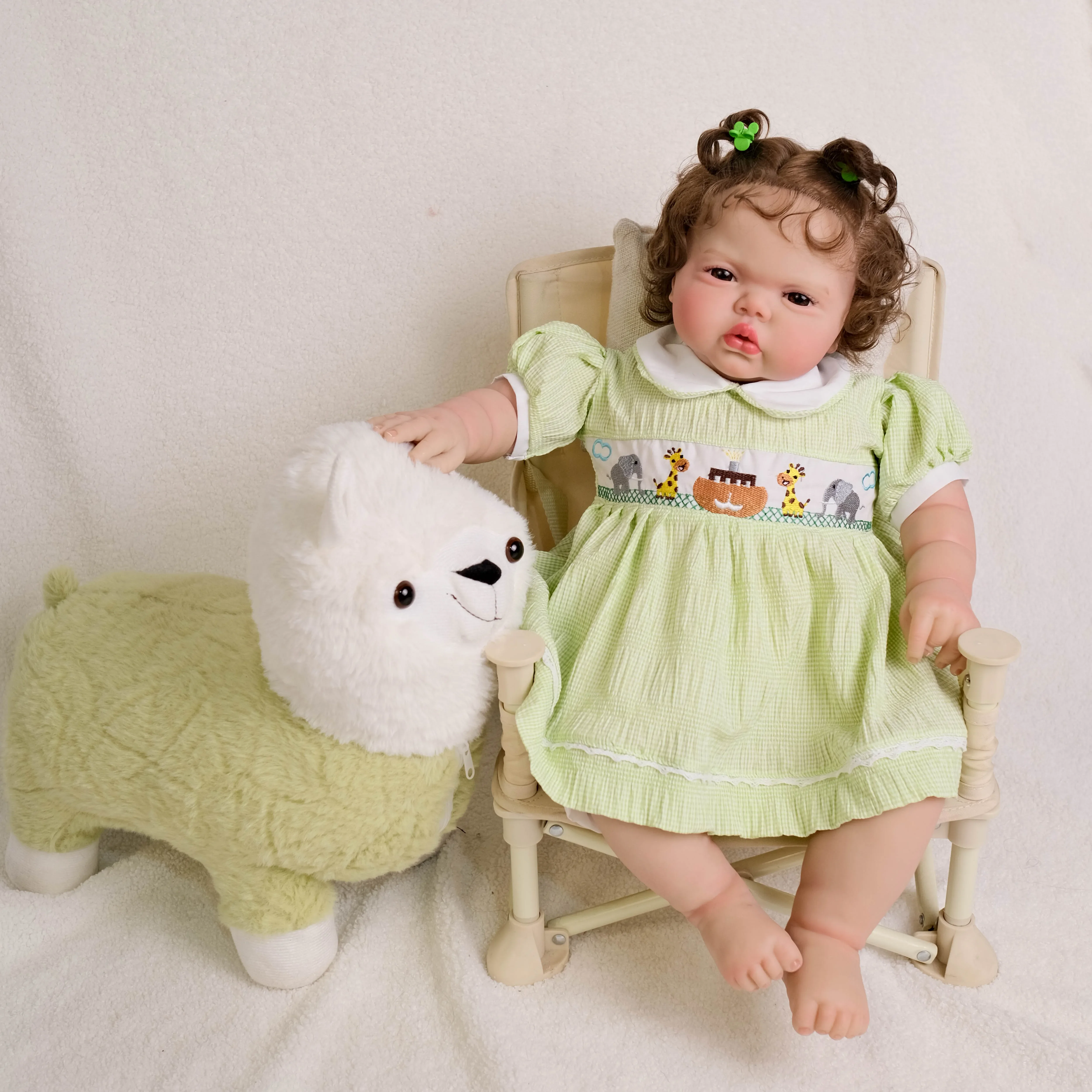 FBBD  24Inch pickle Girl Awake in Soft Cloth Body Lifelike Reborn Toddler Hand Rooted Curly Brown Hair Cuddly Baby Doll Baby