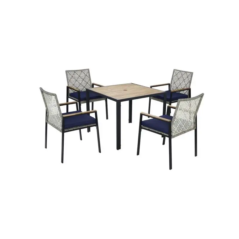 5-Piece Outdoor Dining Set, Acacia Wood Table with Umbrella Hole, Rattan Patio Conversation Set, Light Gray Color