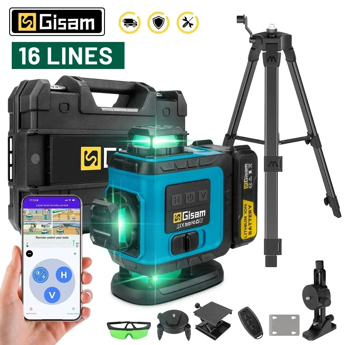G nto 16-Linien-4D-Laser mit Stativ, grüne Linie, selbstnivellierend, 360°, horizontal, vertikal, Kreuzlicht, misst leistungsstarken Strahl