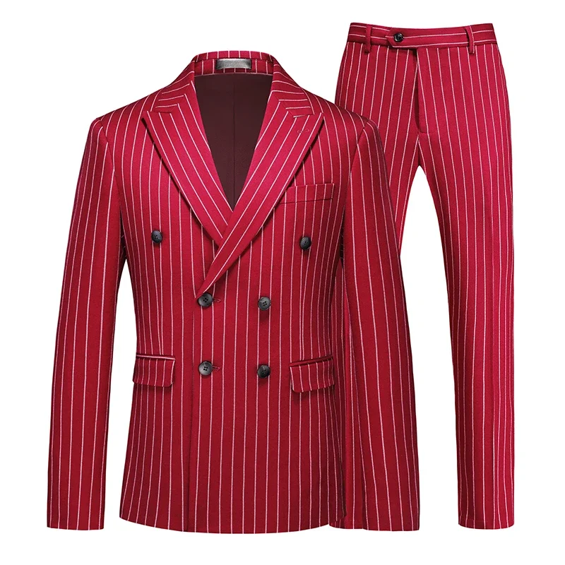 Vertical Stripe Men\'s Suit Two Piece,Double Breasted Slim Fit Dress Coat With Trousers,Wedding Party Jacket With Pants, M-6XL