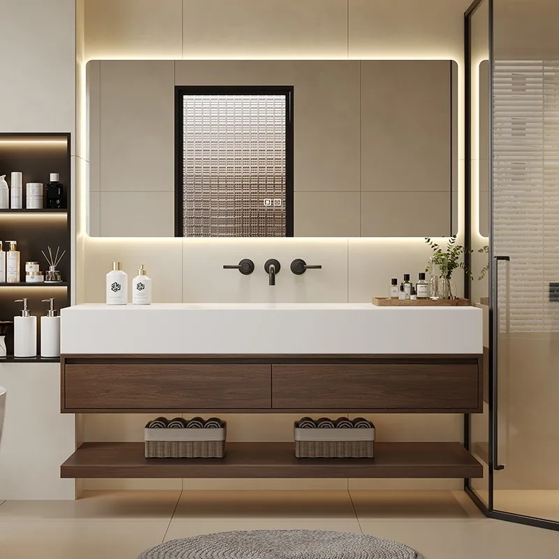 Retro log wind Corian rock slab hot bending seamless integrated basin bathroom cabinet combination face washstand basin new mode