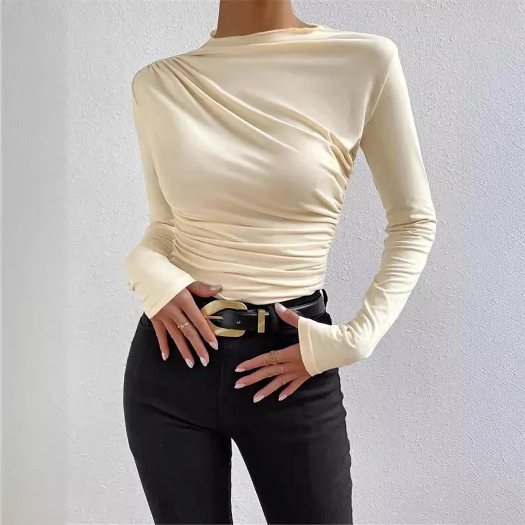 T shirt women 2026 fashion solid-color fitted pleated solid confortable long-sleeved T-shirt base tshirt women's clothing