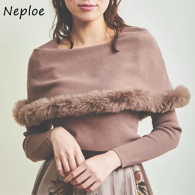 Neploe 2024 inverno novas mulheres jumpers temperamento japonês commuter pulôver xale de pele manga comprida fino sólido camisola de malha