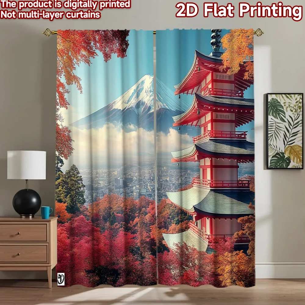 2D flat 2pcs Curtain French Romantic Style Autumn Fuji Pagoda View Durable polyester fiber Festive Wall Decor for Home Decor for