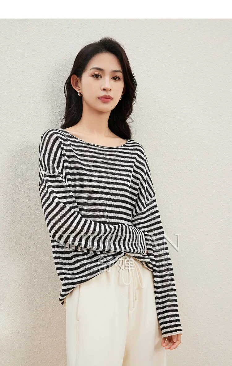 Loose Slash Neck Long-sleeved Knitted Solid Wear T Shirts 2024 Autumn Fall Crop Top Women  T Shirt Women