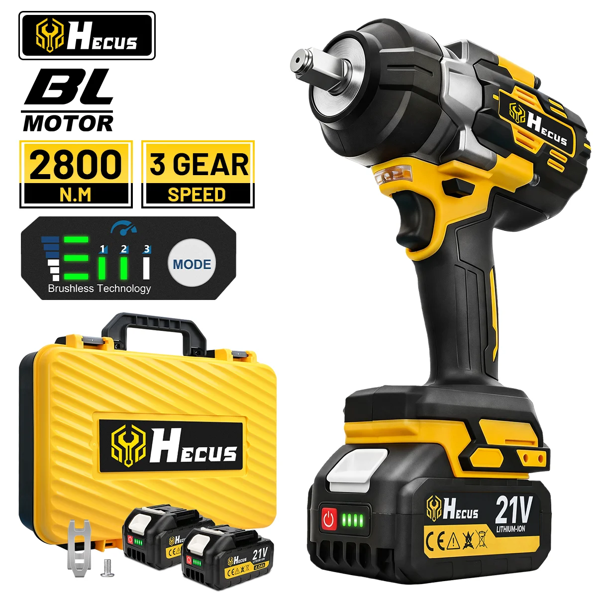 Hecus 2800N.M Brushless Electric Impact Wrench 1/2'' Cordless Wrench Screwdriver Drill Power Tool For Makita 18V Battery Pin