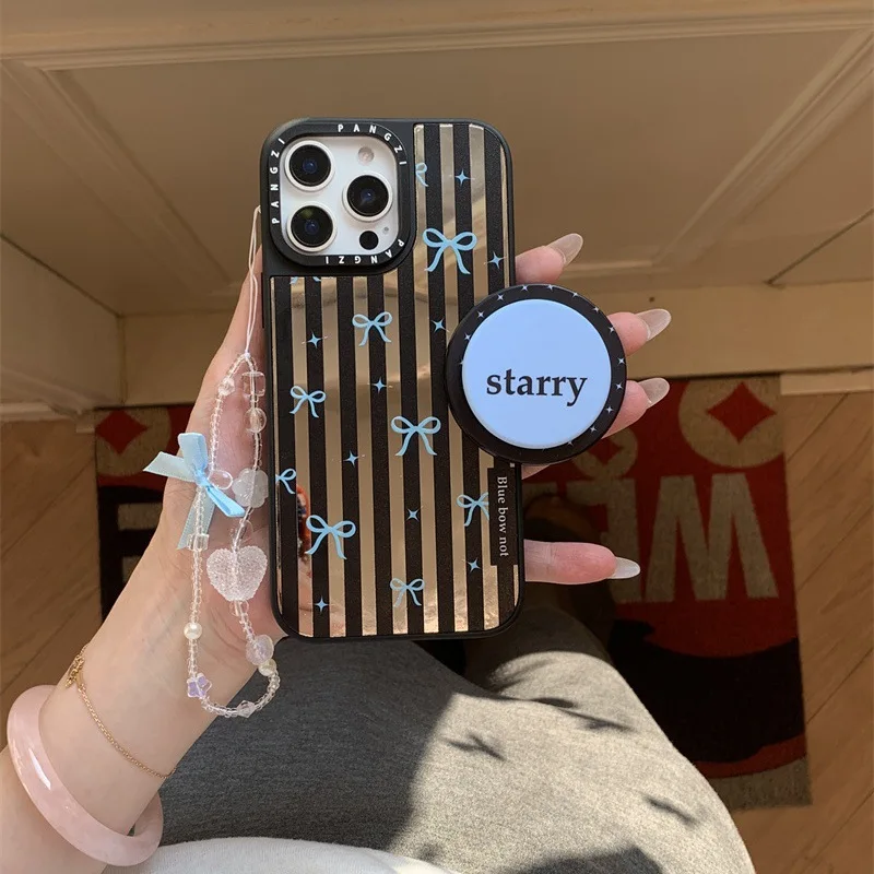 الرجعية شريط مرآة الأزرق ربطة القوس فيونكة جراب هاتف ل magsafe آيفون 16 15 14 13 برو ماكس حافظة لطيف الحلو الفاخرة تصفيح غطاء الكرتون