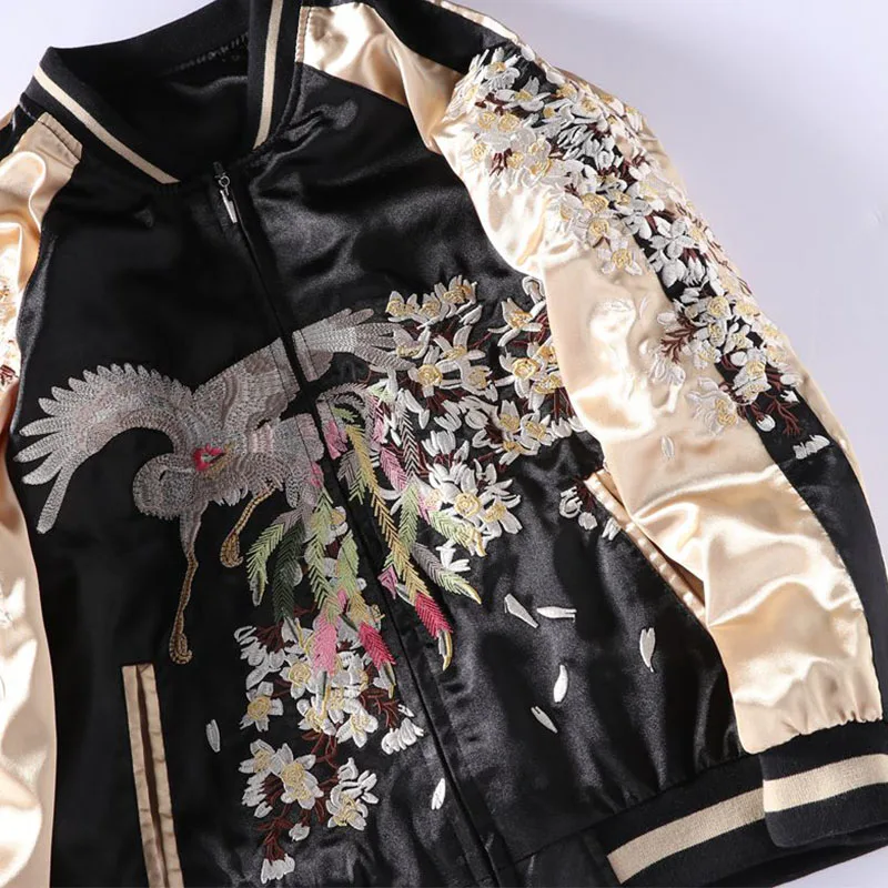 Yokosuka Embroidery Baseball Jacket Men Women Patchwork Color Silk Double Sided Bomber Coat