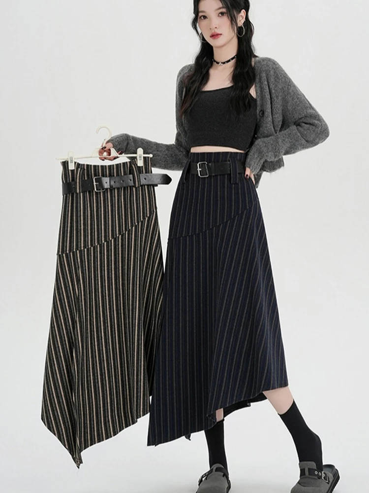 

Необычная шерстяная юбка в полоску в стиле ретро для женщин на осень и зиму, модная темпераментная полуюбка А-силуэта с высокой талией