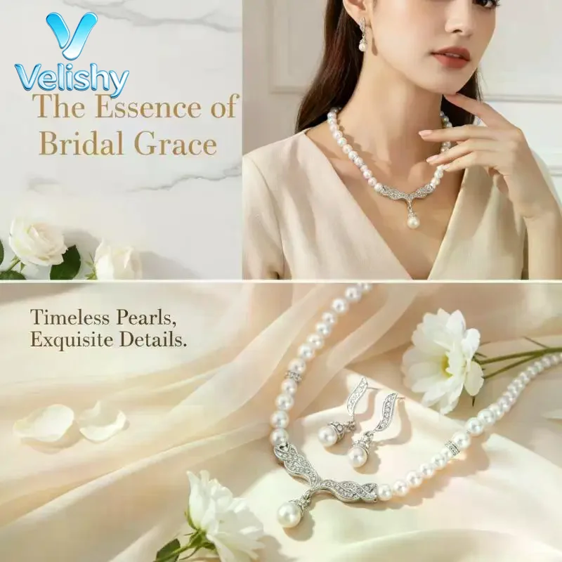 Vintage Faux Pearl Jewelry Set 2Pcs Sparkling Rhinestone Details for Wedding Prom Themed Party Activities