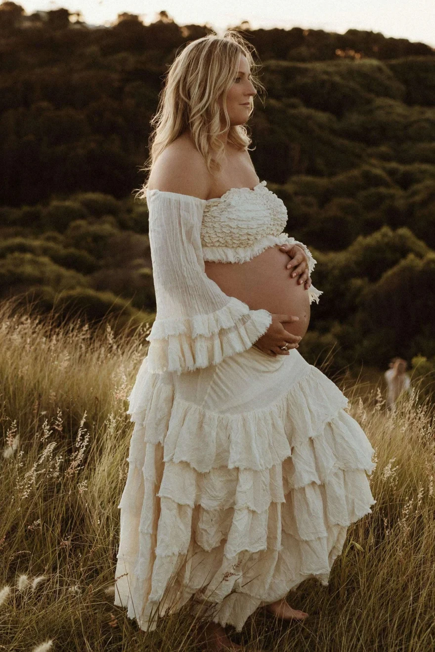 Maternity Photoshoot Dress Shed Gypsy Set Women's Boho Western Two-Pieces Cream Layered Ruffle Maxi Skirt For Pregnancy Session
