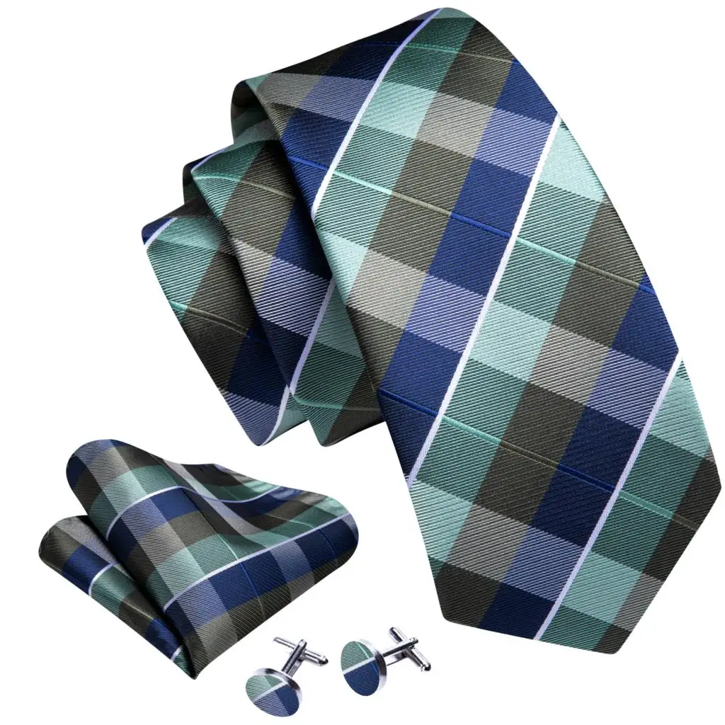 Barry.Wang Plaid Silk Men Tie Hankerchief Cufflinks Set Checked Jacquard Necktie for Male Formal Casual Wedding Business Party