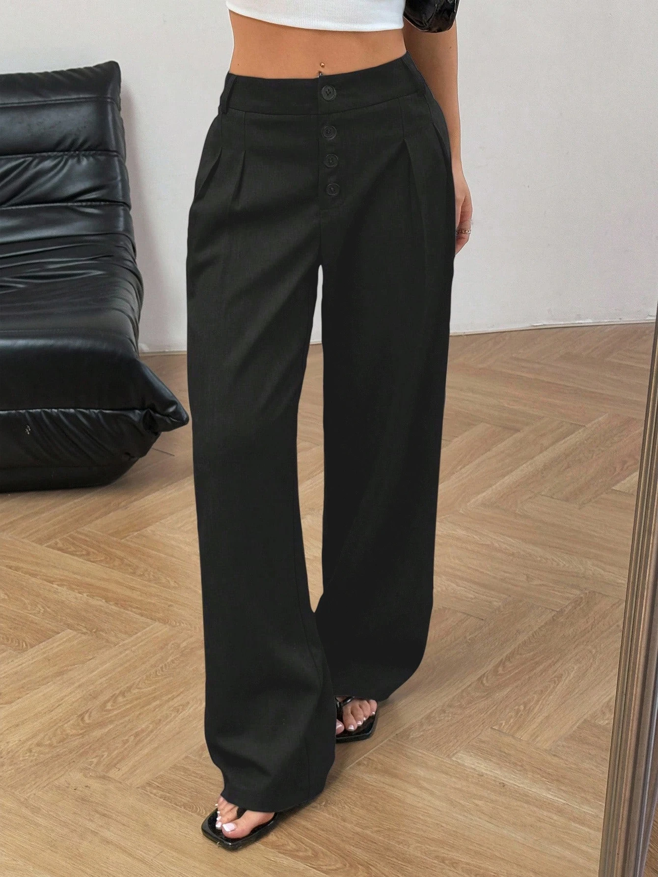 

Женские черные брюки с высокой талией и широкими штанинами | Брюки для офиса с пуговичной застежкой, плиссированные, драпированные, стройнящие, универсальные