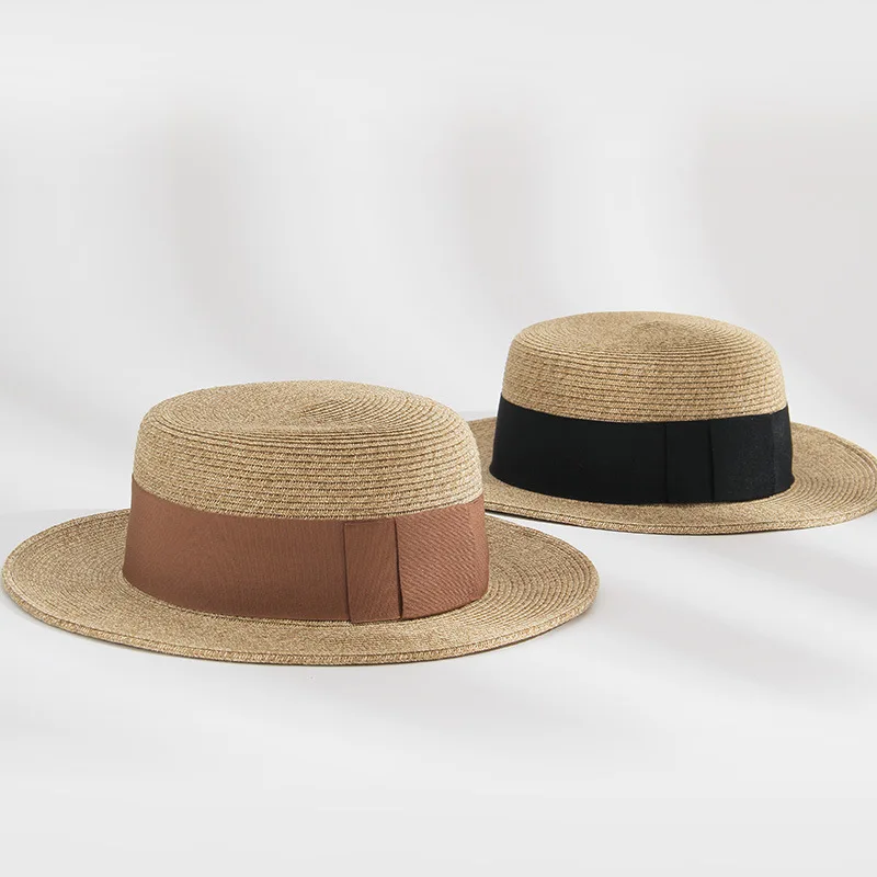 

Elegant Flat-top Fashion Sun Hat Handwoven Natural Straw Hats Summer Casual Panama Hat With A Black Ribbon Bohemian Beach Hat