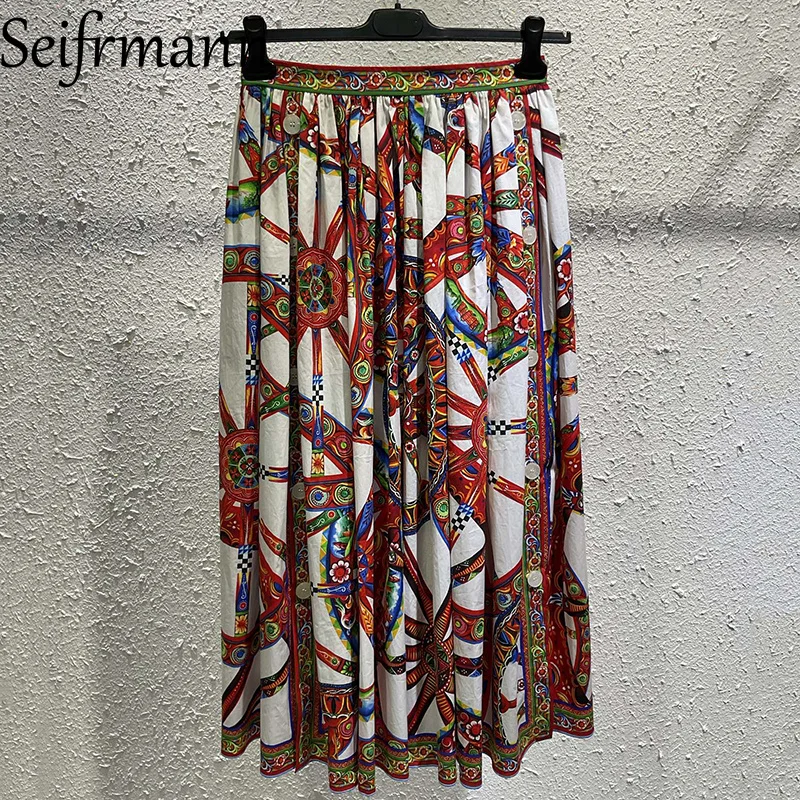 Women Fashion Online - Seifrmann Casual printed cotton skirt slit