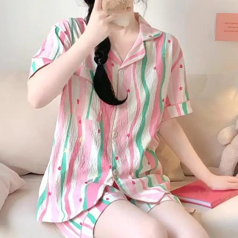 Sweet and Fashionable Women's Home Suit Set Cartoon Anime Summer Student Comfortable Softshort Sleeved Pajamas Kawaii 2Pcs