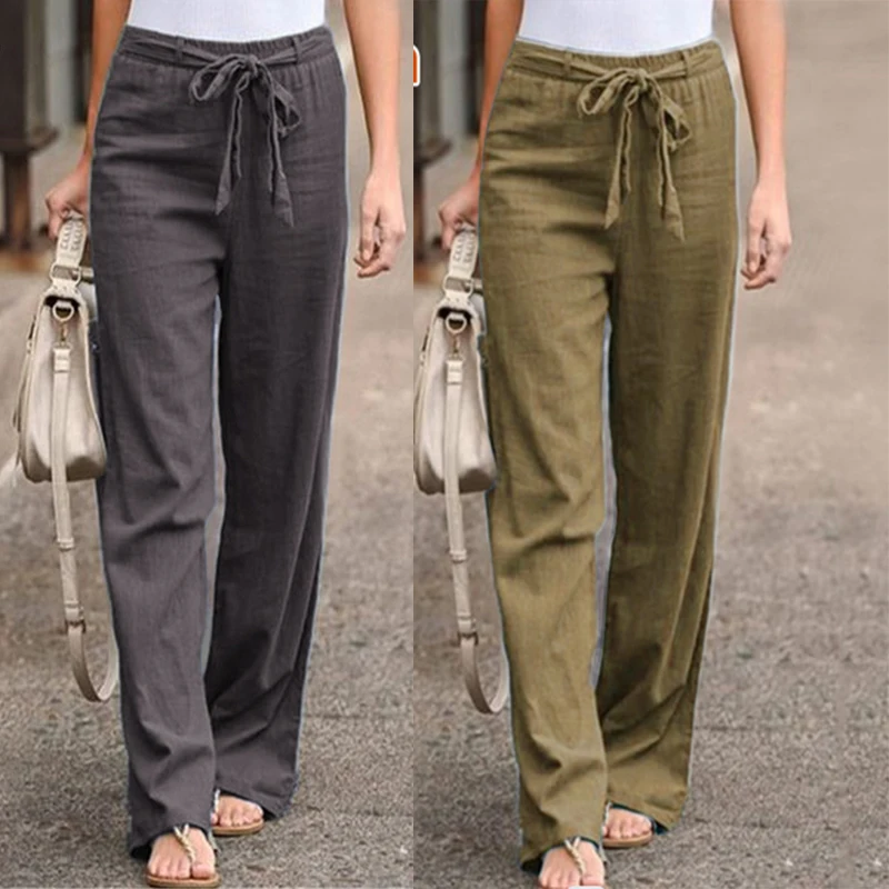 Summer Cotton Linen Women\'s Pants Wide Leg Trousers Fashion Solid Color Elastic Waist Straight Pants Casual Trousers Streetwear