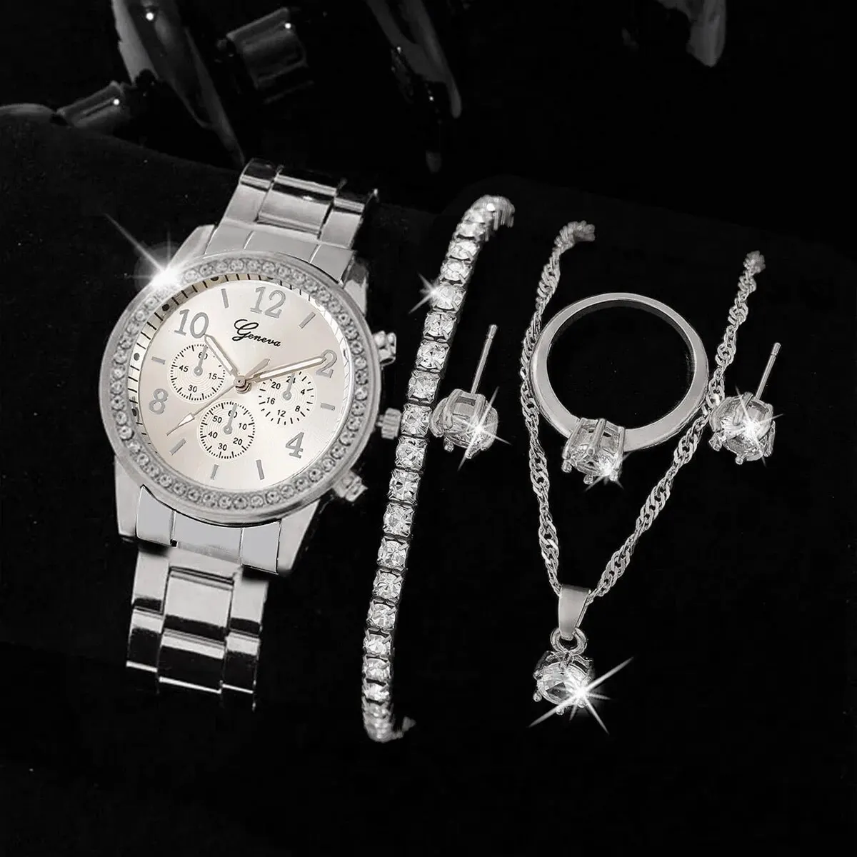 6pcs Ladies Fashion Luxury Full Diamond Three Eyes Digital Steel Band Quartz Watch Love Earrings Necklace Ring Bracelet Set