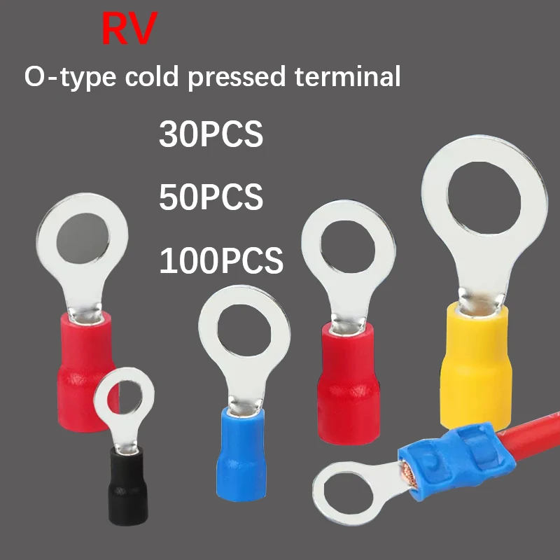 30-50-100PCS RV terminal O-shaped 1.25/2/3.5/5.5 series insulated fork type cable terminal connectors, electrical crimping flat