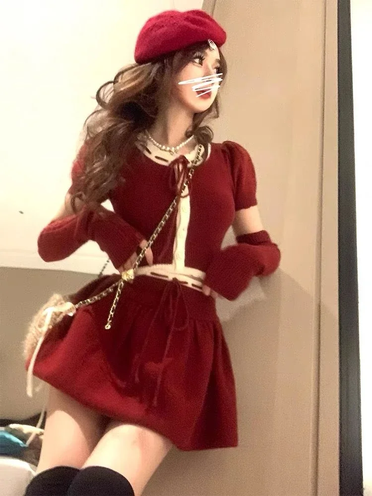 2023 Autumn Winter New Christmas Red Skirt Suit Women Casual Slim Blouse + Y2k Mini Skirt Sweet Fashion 2 Piece Skirt Set Female