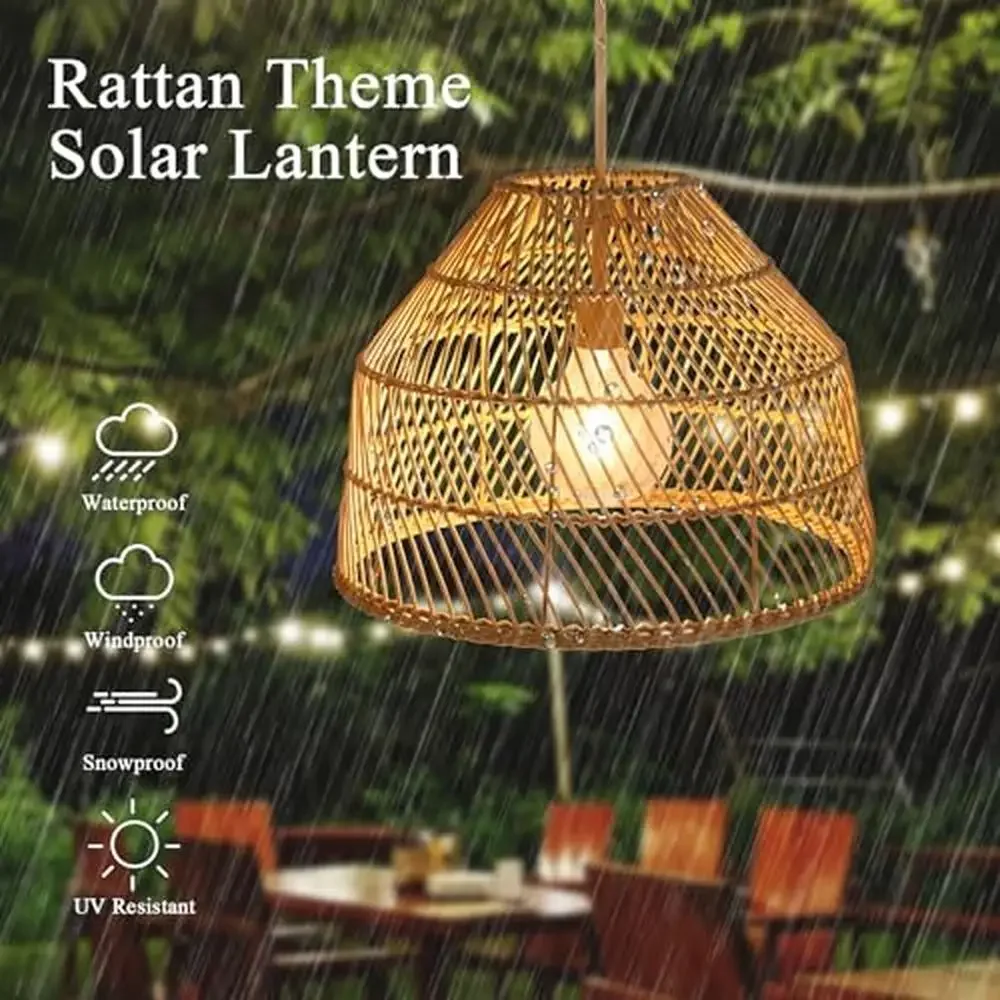 Solar Powered Outdoor Rattan Chandelier with Remote Control IP65 Weather Resistant Boho Style Pendant Light