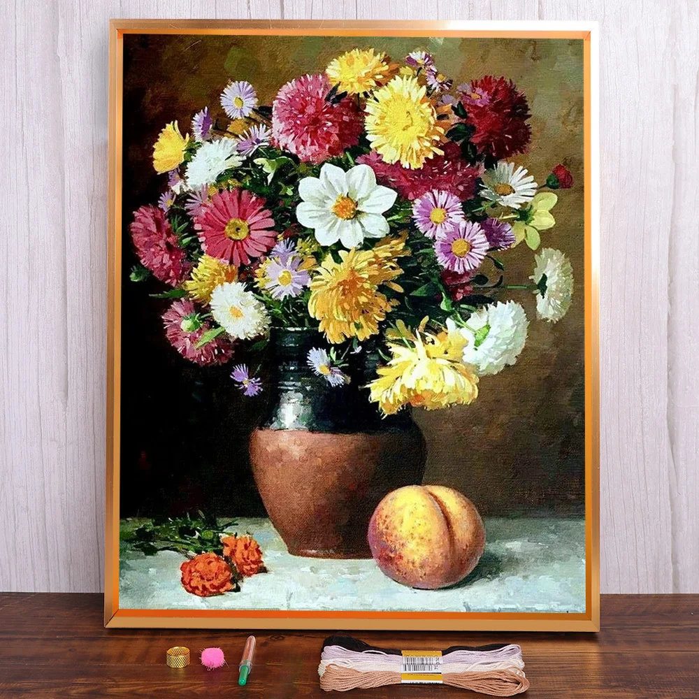 

Still Life Flower Printed Canvas Cross-Stitch Patterns Embroidery Needlework Knitting Handmade Craft Home Decor Gift Floss
