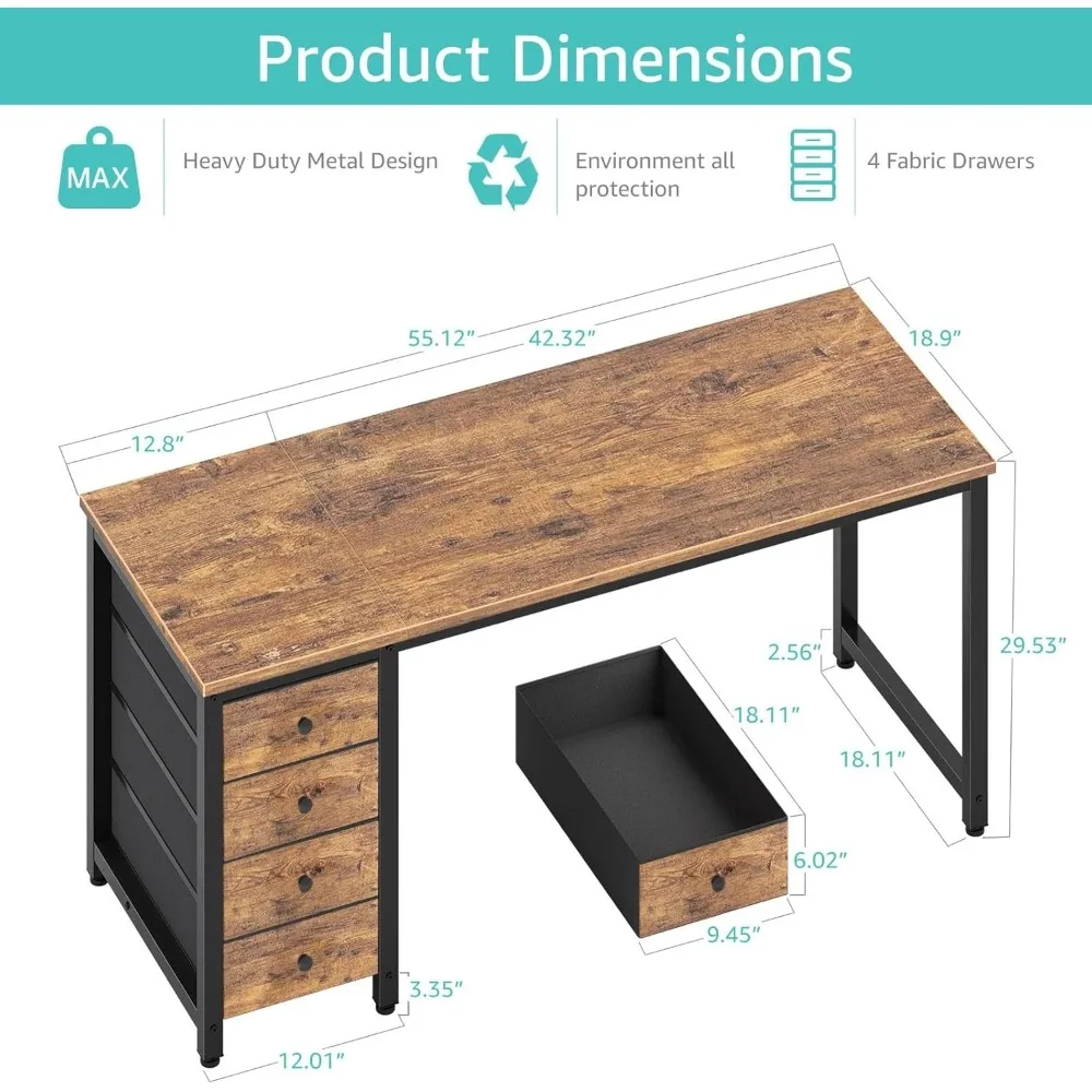 مكتب كمبيوتر بأدراج من القماش مقاس 55 بوصة - مكتب كتابة طويل للدراسة للمكتب المنزلي وغرفة النوم، تصميم بسيط قابل للعكس، مثالي للعمل #3