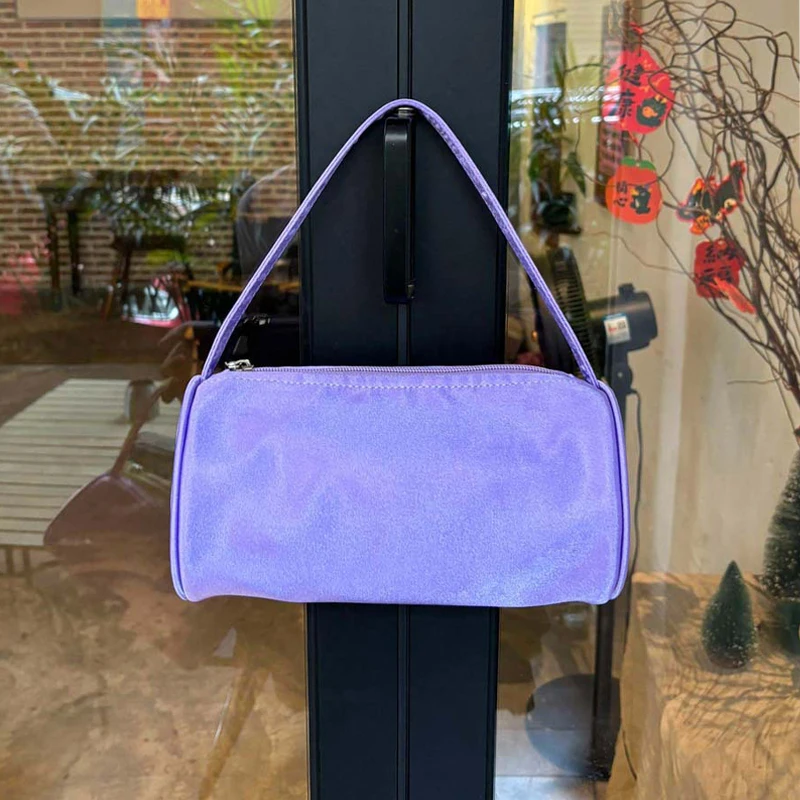 

Satin Handheld Cylindrical Handbag Fashion Pink Yellow Purple Simple Small Tote Handbags For Women Casual Daily Underarm bag