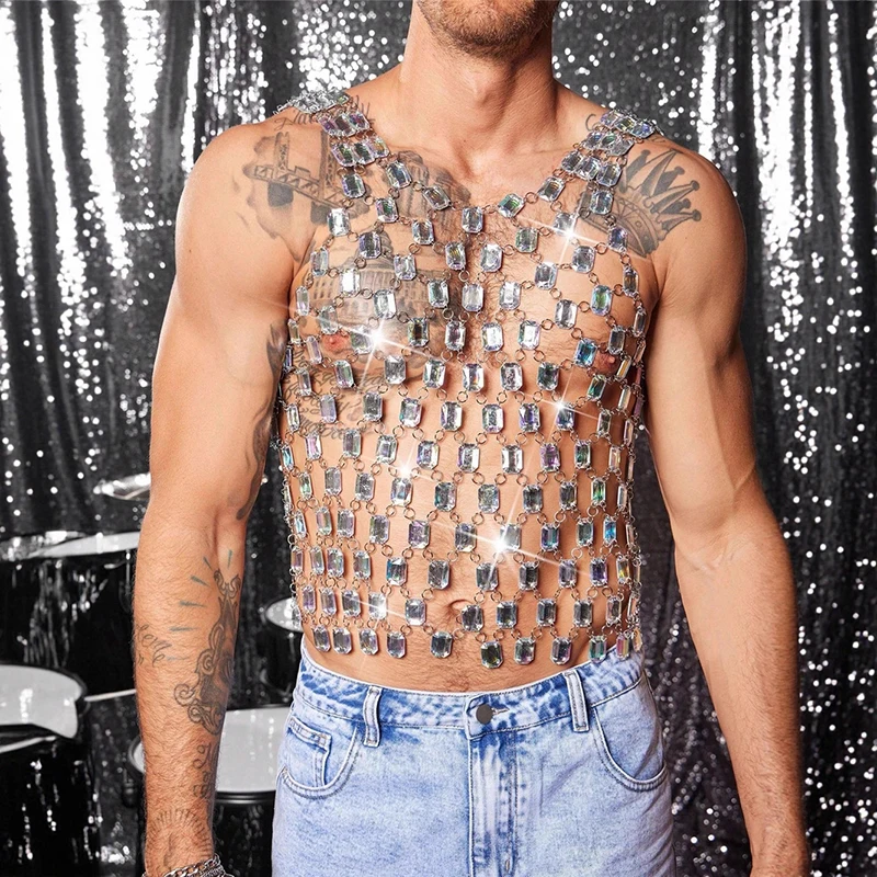 

Men's Open Back Sexy Diamond Body Top Backless Crystal Rave Shirt Rhinestones Nightclub Tops Pole Dance Cover Up
