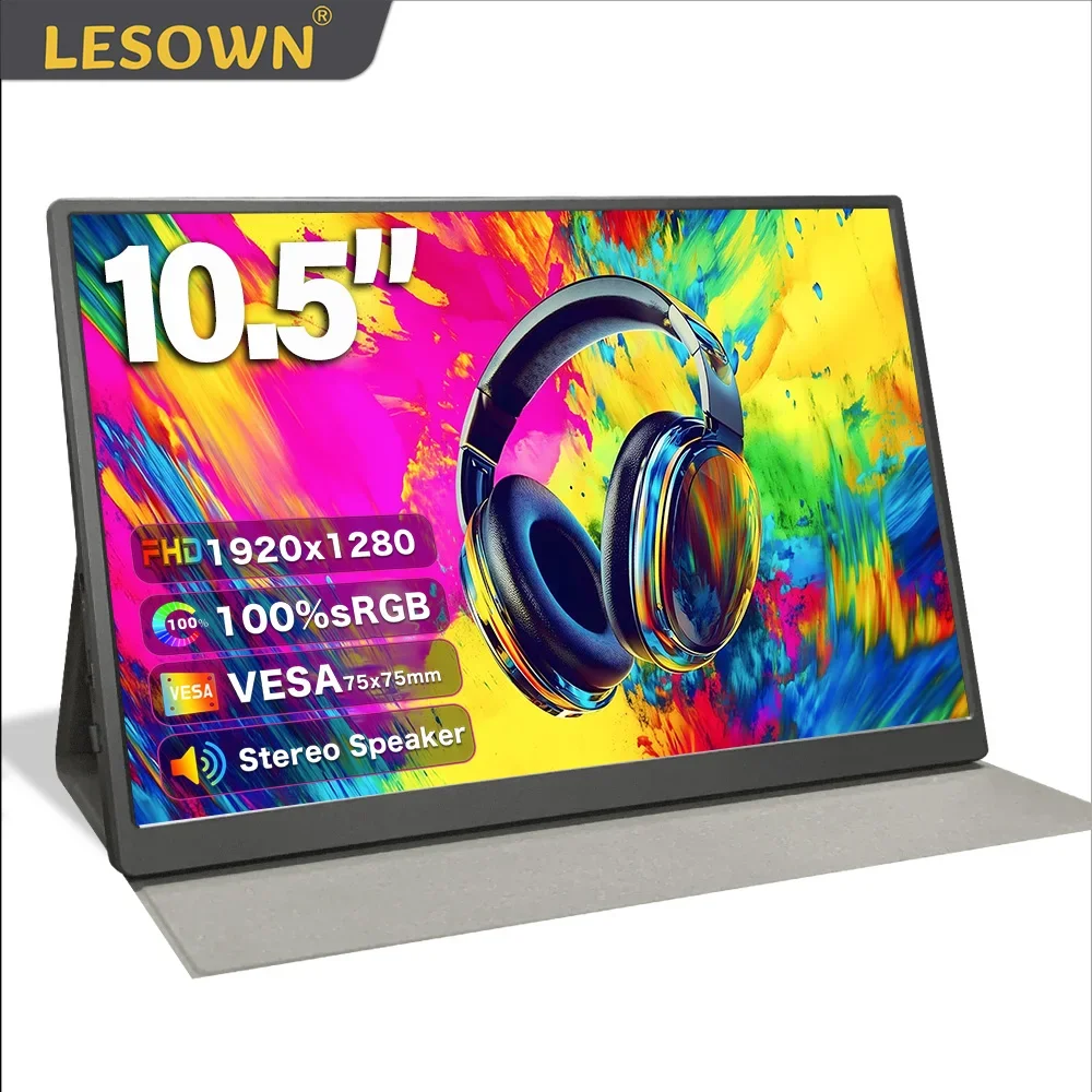 LESOWN Small Monitor 10.5 inch 100%sRGB 16:10 1920x1280 IPS Touch USB C Portable Display with Smart Cover Speakers for Drawing