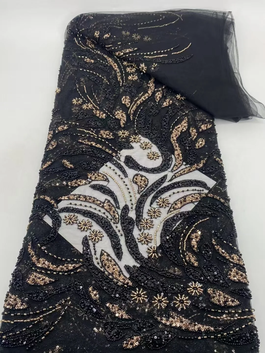 Wholesale 2025 Elegant African Embroidery Beaded Lace Fabric Nigerian Sequins Lace Fabric For Wedding Party