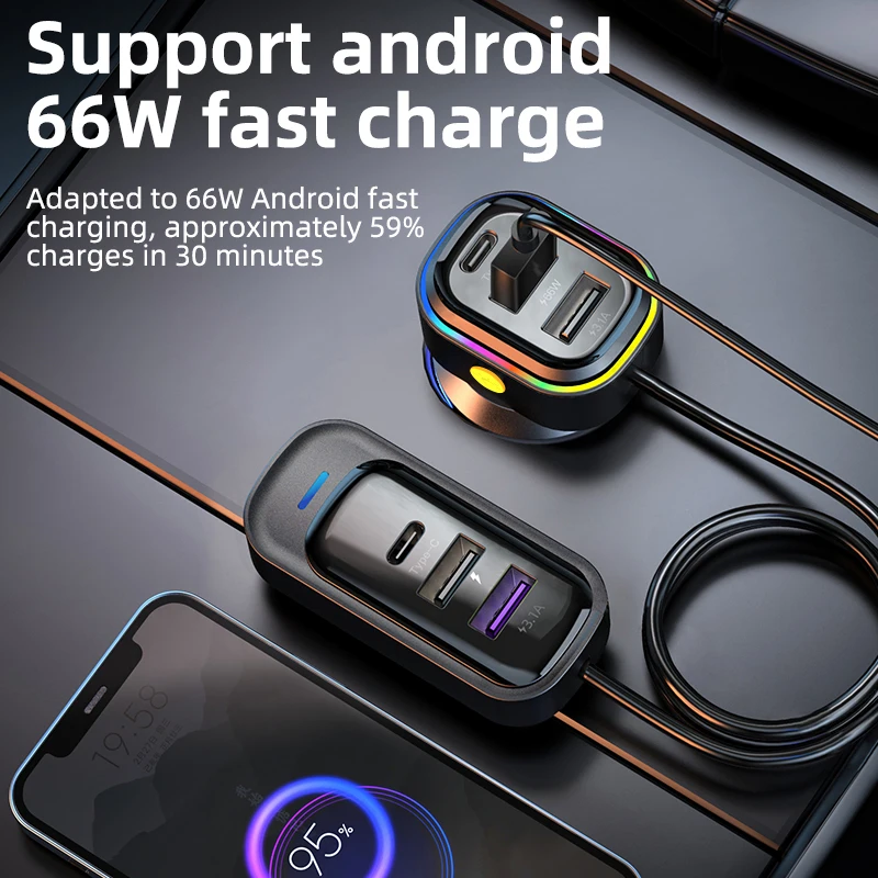 81W Car Charger Adapter 6 in 1 Back Row with Clips Fast Charging Type C Slot Universal 81w 12v-24v Super Fast Car Charging