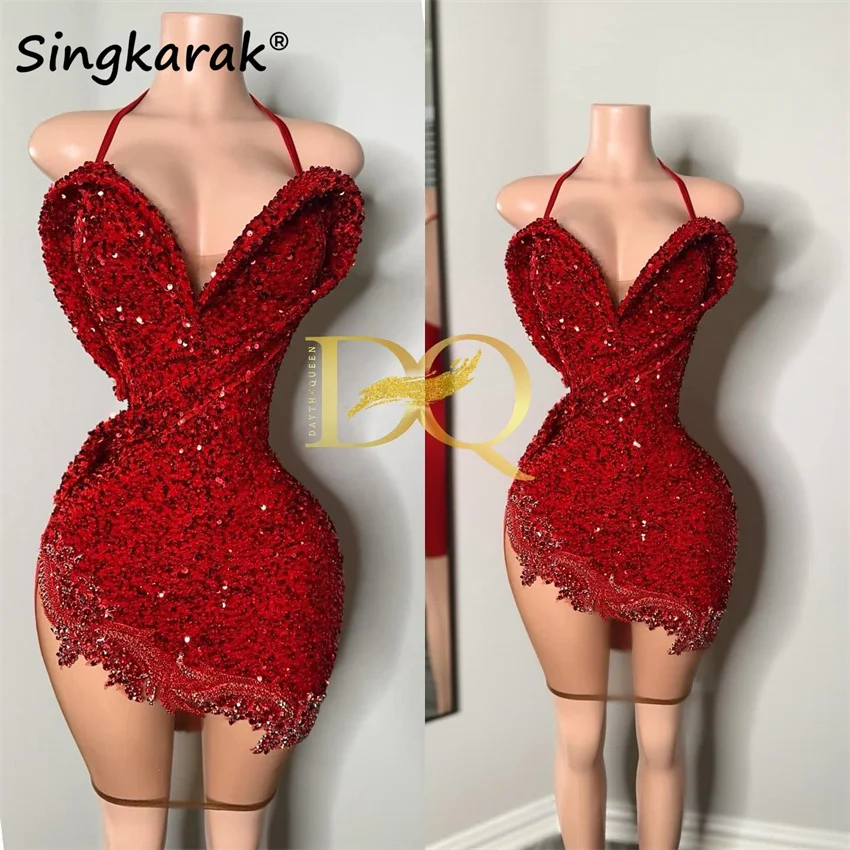 

Sexy Red Sweetheart Short Prom Dress For Black Girls Cocktail Dress Bead Sequins Crystals Halter Birthday Dress Customized