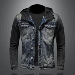 Men Spliced Hooded Washed Denim Jacket Long Sleeve Cardigan Single Breasted Outerwear Loose Coats Pockets High Street Button