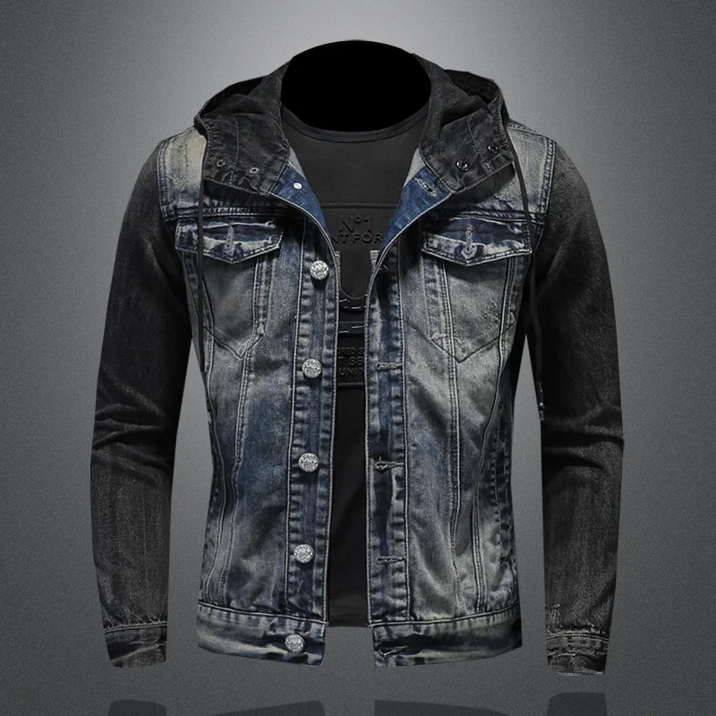 Mężczyźni Spliced Hooded Washed Denim Jacket Long Sleeve Cardigan Single Breasted Outerwear Loose Coats Pockets High Street Button