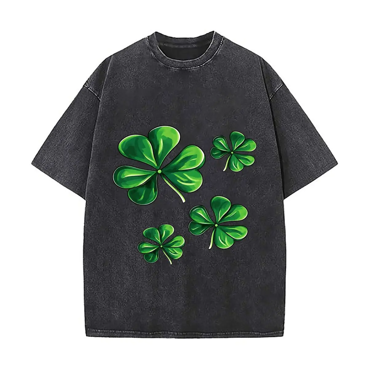 Green Four Leaf Clover Shamrock Cluster Pattern Washed Vintage Short Sleeve Loose Streetwear Tee